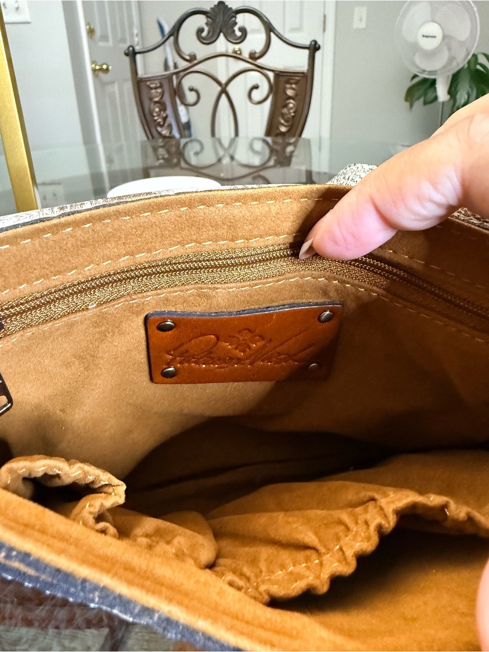 Patricia Nash Cream and Brown Floral Leather Crossbody with Tassel - Picture 5 of 7